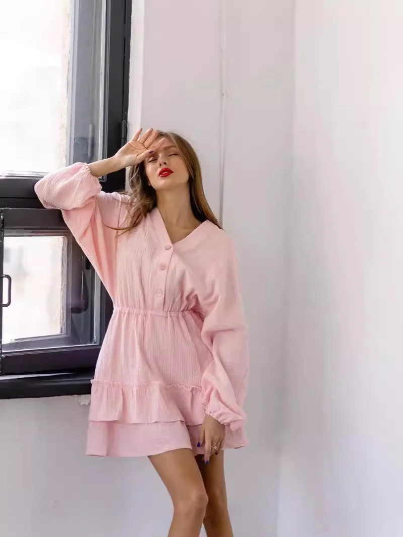 Nigikala Nigikala Summer New Solid Color Long-Sleeved Dress Temperament V Collar Thin A Dress