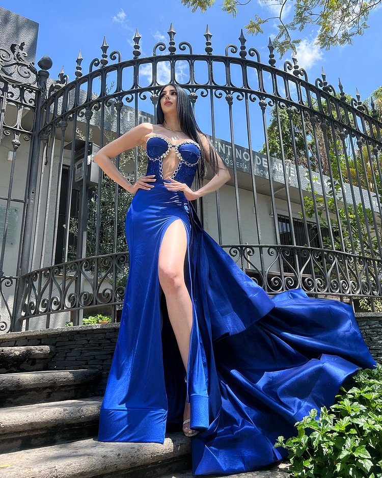 Hellodresses Royal Blue Strapless Sleeveless Sweetheart Split Evening Dress