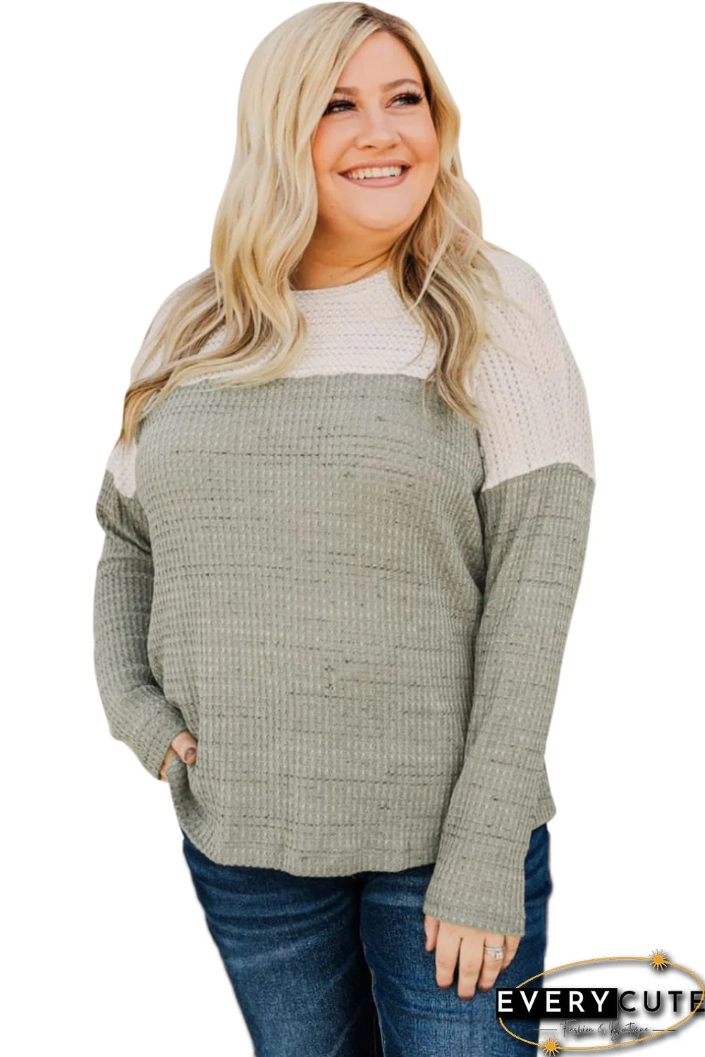 Green Plus Size Colorblock Knit Long Sleeve Top
