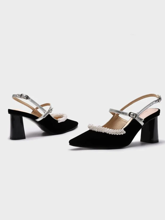 Baotou thick heel gold velvet pearl small square toe high heels