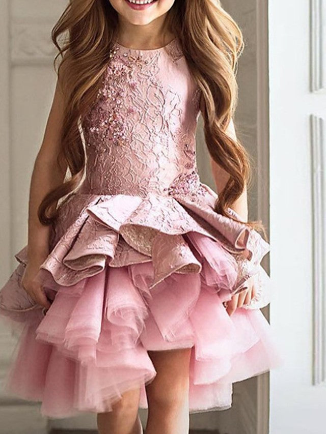 Oknass Ball Gown Sleeveless Jewel Neck Flower Girl Dresses Polyester  With Cascading Ruffles