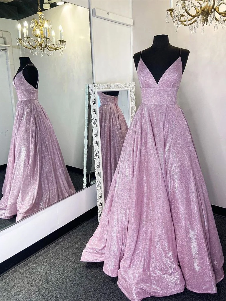 Shiny A Line V Neck Pink Long Prom Dresses, Pink Long Formal Evening Dresses