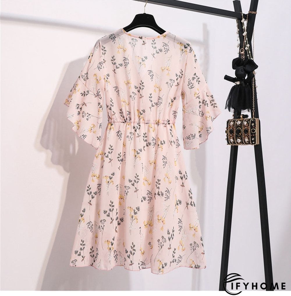 Spring Summer Chiffon Women V-Neck Floral Print Short Dresses Sweet Ruffle Sleeeve Slim Drawstring Ladies Dress | IFYHOME