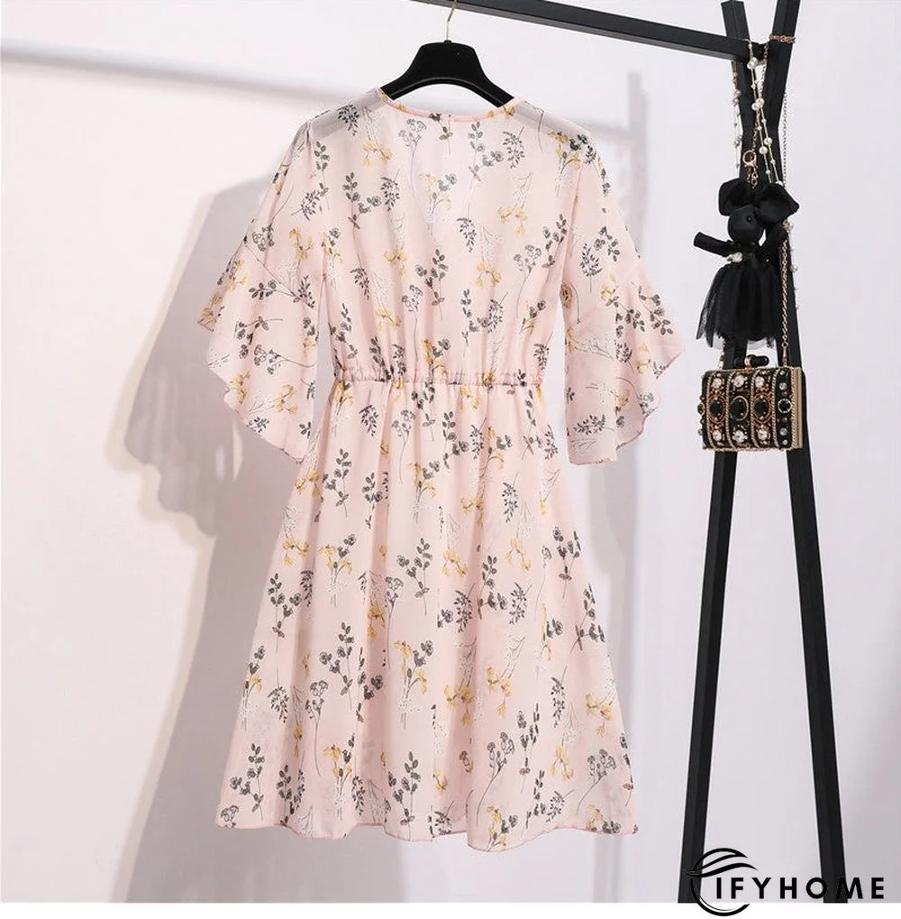 Spring Summer Chiffon Women V-Neck Floral Print Short Dresses Sweet Ruffle Sleeeve Slim Drawstring Ladies Dress | IFYHOME