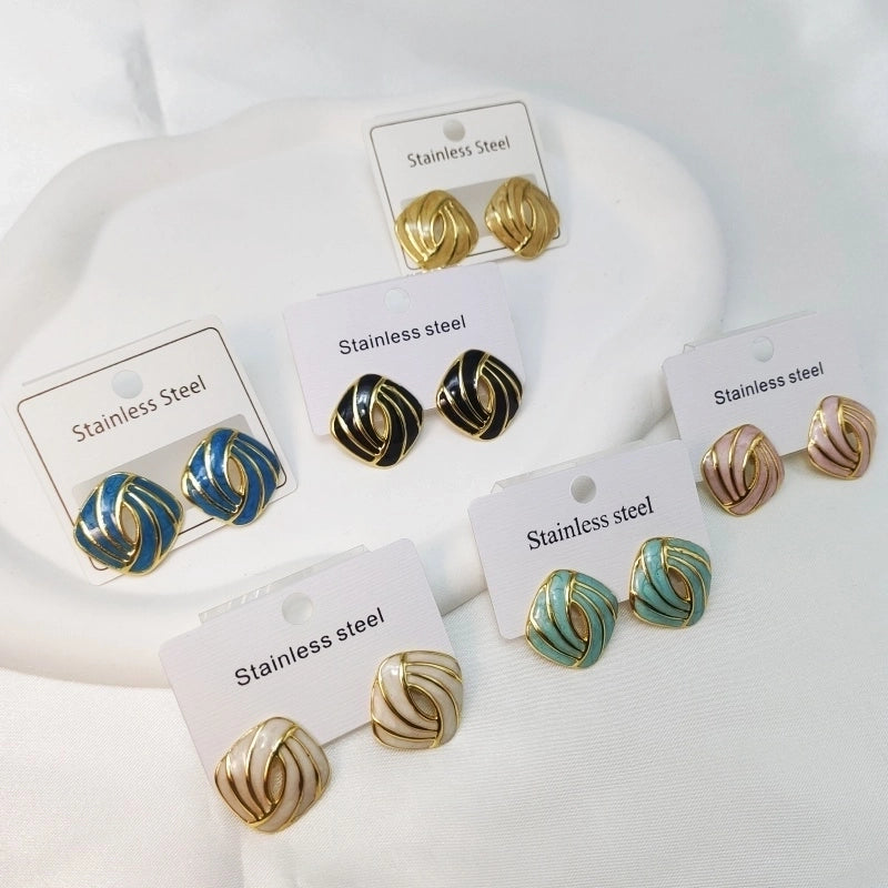 1 Pair Classical Vintage Style Square Enamel Plating 304 Stainless Steel 18K Gold Plated Ear Studs