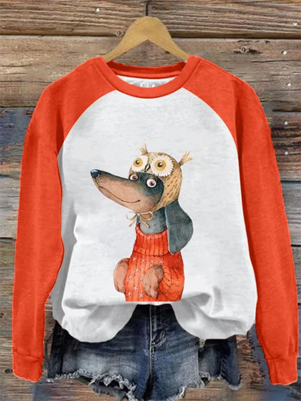Women's Funny Dachshund Dog Print Raglan Sleeve Sweatshirt