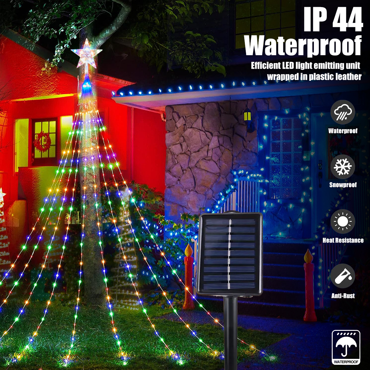 Tegooe Solar Christmas Tree Waterfall Star String Lights - 8 Modes Outdoor Decoration