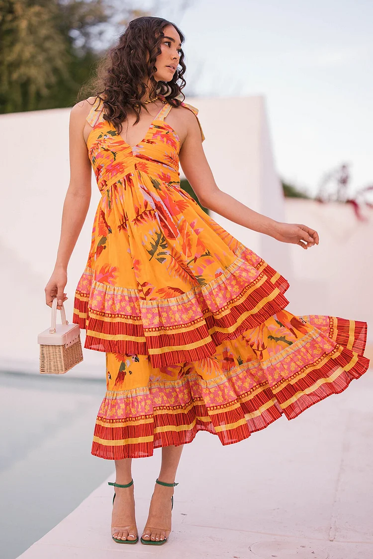 Vacation Mixed Print V Neck Tiered Hem Slip Midi Dresses-Orange [Pre Order]