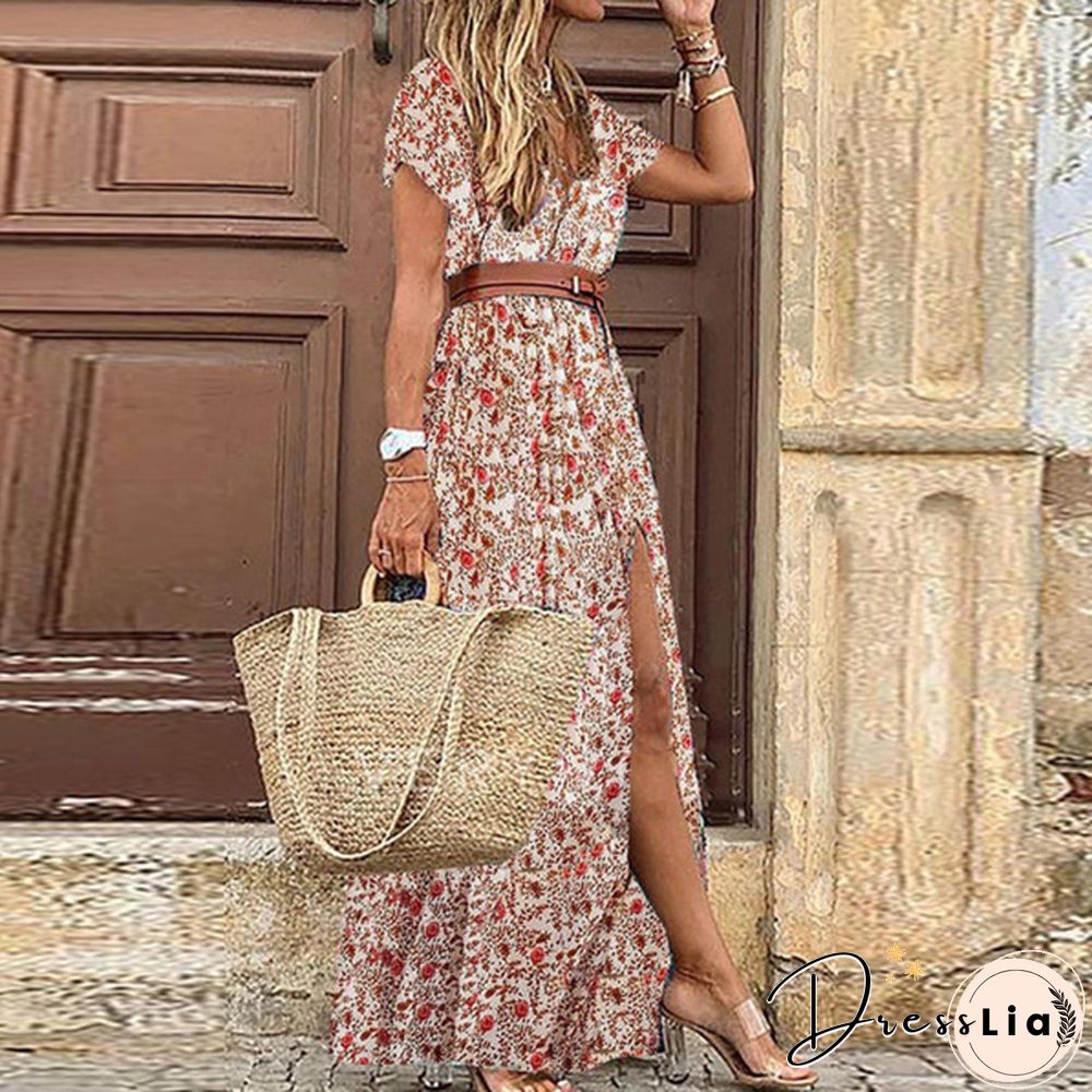 Ladies Summer Sexy Printed Boho Dress with Belt Belt