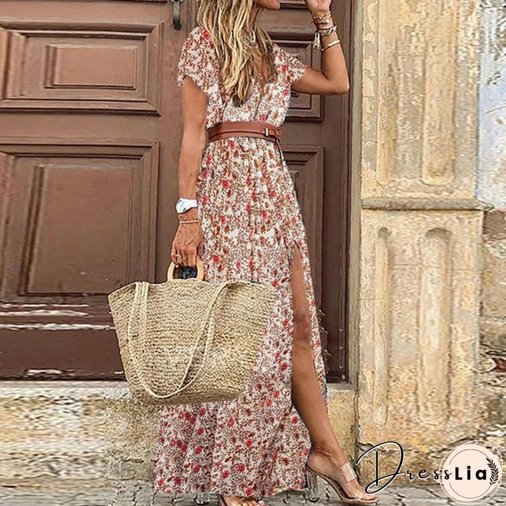 Ladies Summer Sexy Printed Boho Dress with Belt Belt