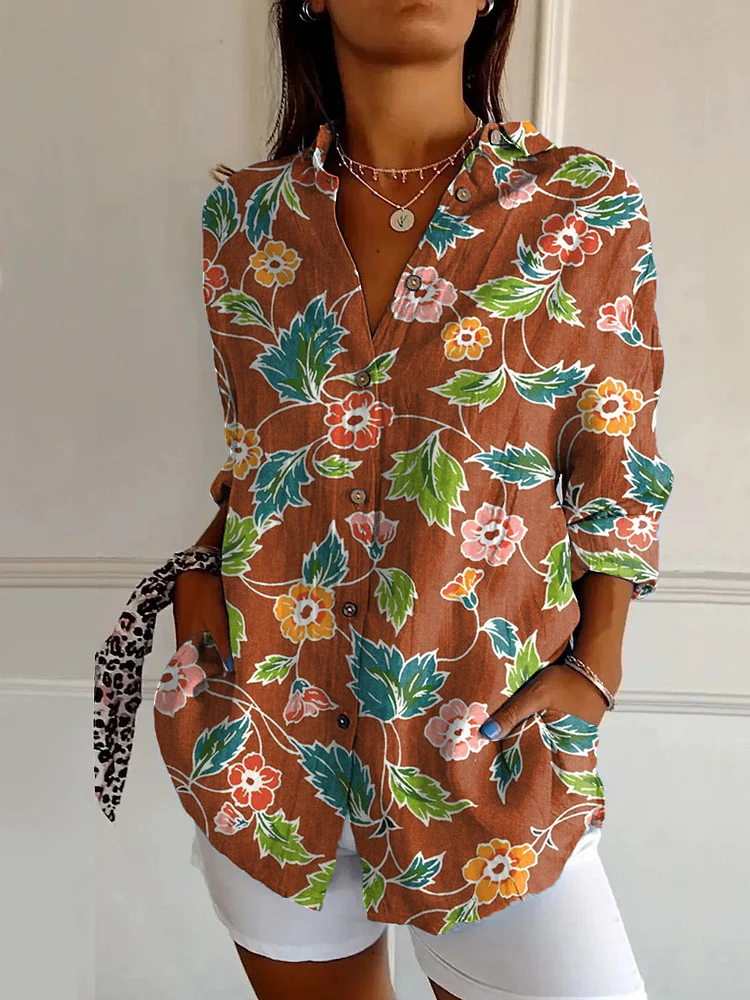 Classic Colorful Floral Print Casual Long Sleeve Shirt