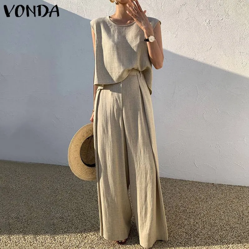 Summer Sleeveless Crew Neck Women Matching Sets 2022 VONDA Tanks Tops And Wide Leg Long Trousers Palazzo Pants Ropa De Mujer