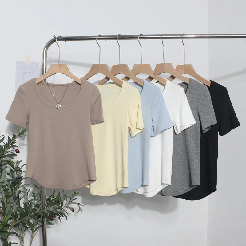 Breakj Solid Color Irregular U-Neck Short-Sleeved T-Shirt Woman Xia Slimming Leisure Short Coat 1809