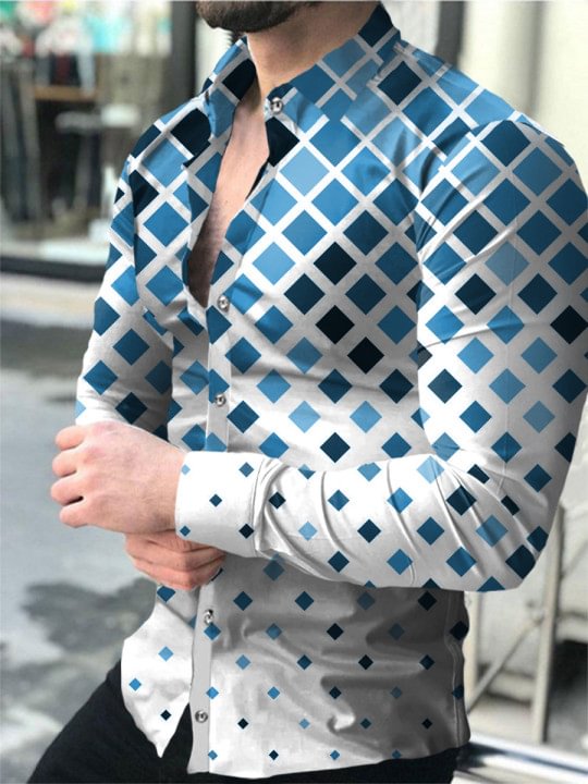 Casual Blue and White Abstract Irregular Plaid Printed Long Sleeve Men's Shirt