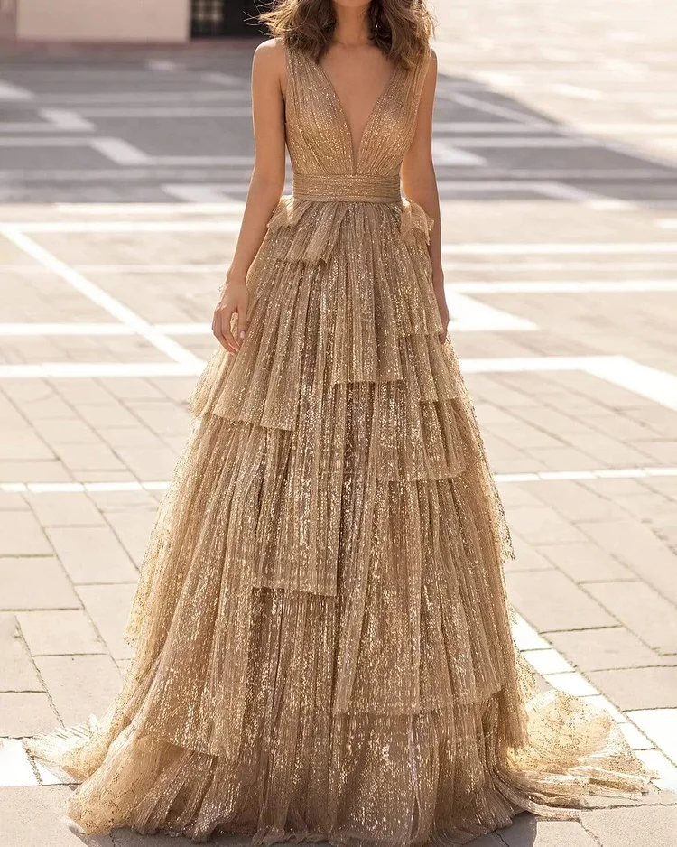 Elegant Layered Tulle Glitter V-neck Maxi Dress