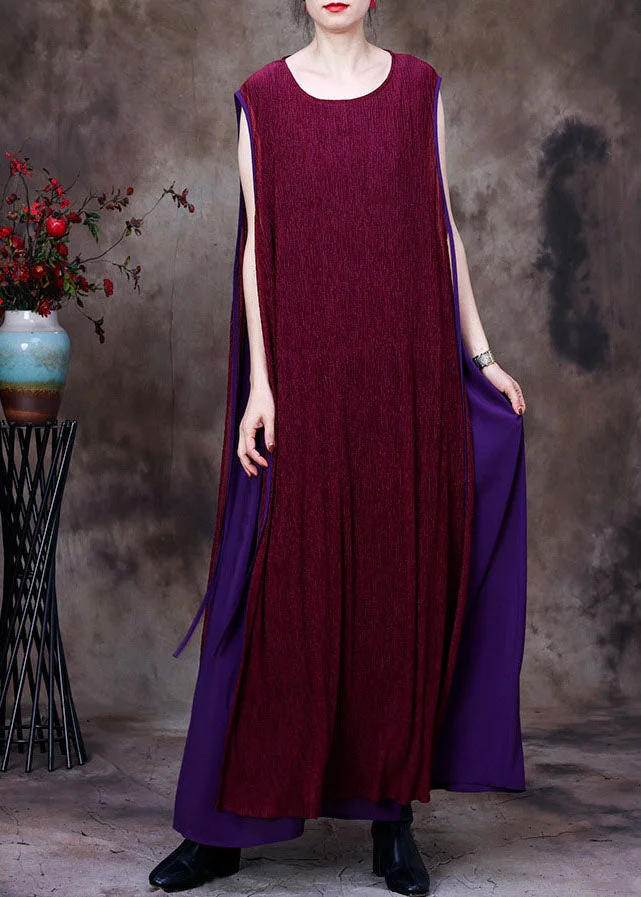 Chic Purple Patchwork O-Neck Silk Fake Two Piece Long Dresses Sleeveless