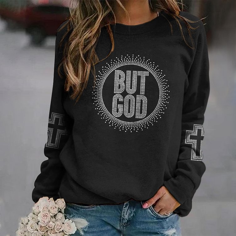 Comstylish But God Faith Printed Round Neck Long Sleeve Casual Sweatshirt