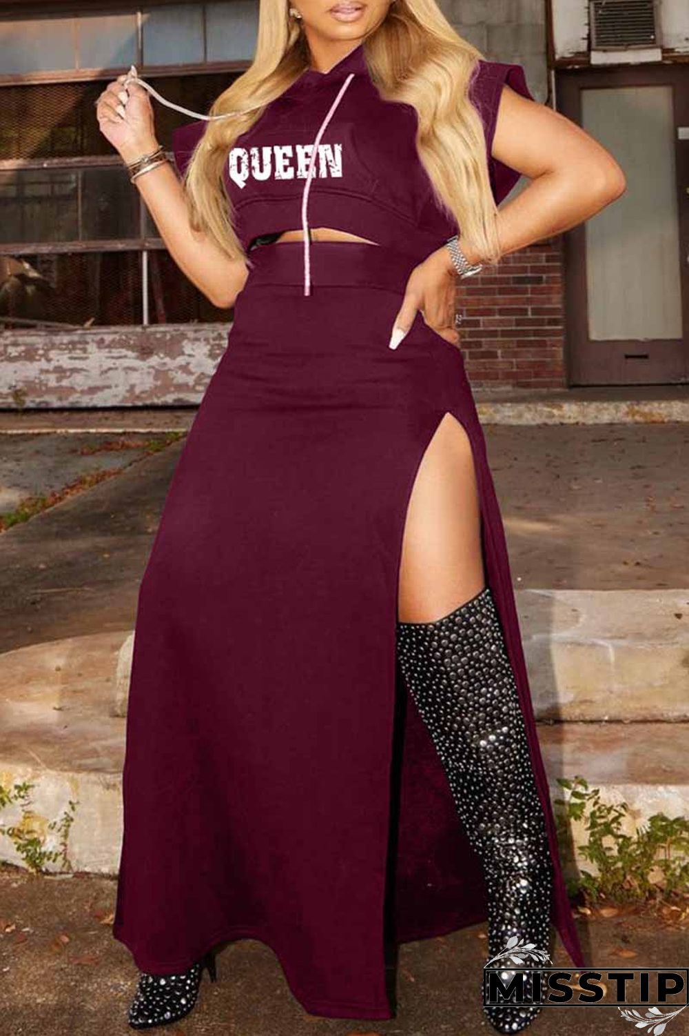 Black Fashion Casual Letter Print Slit Hooded Collar Two Pieces