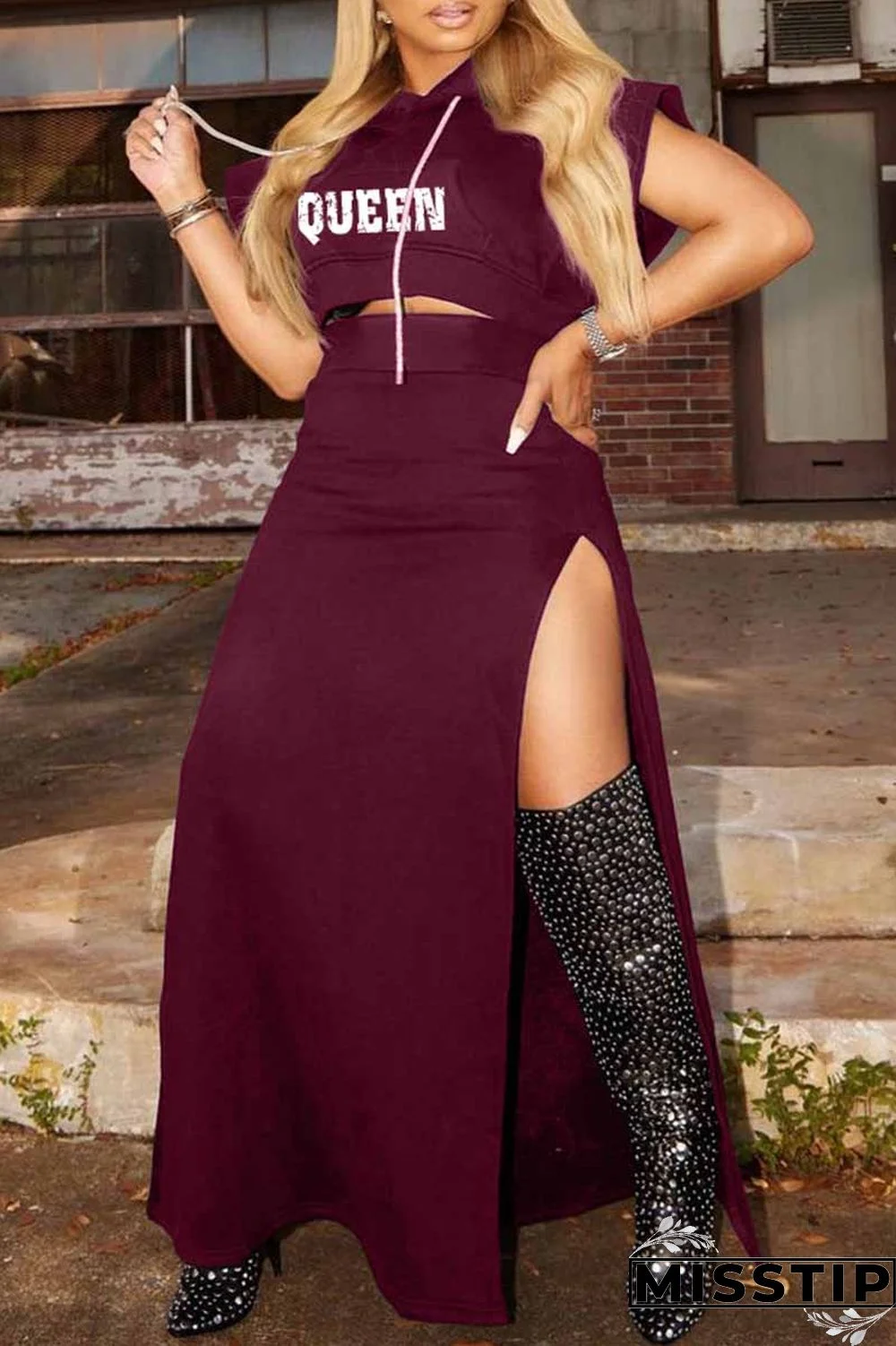 Black Fashion Casual Letter Print Slit Hooded Collar Two Pieces