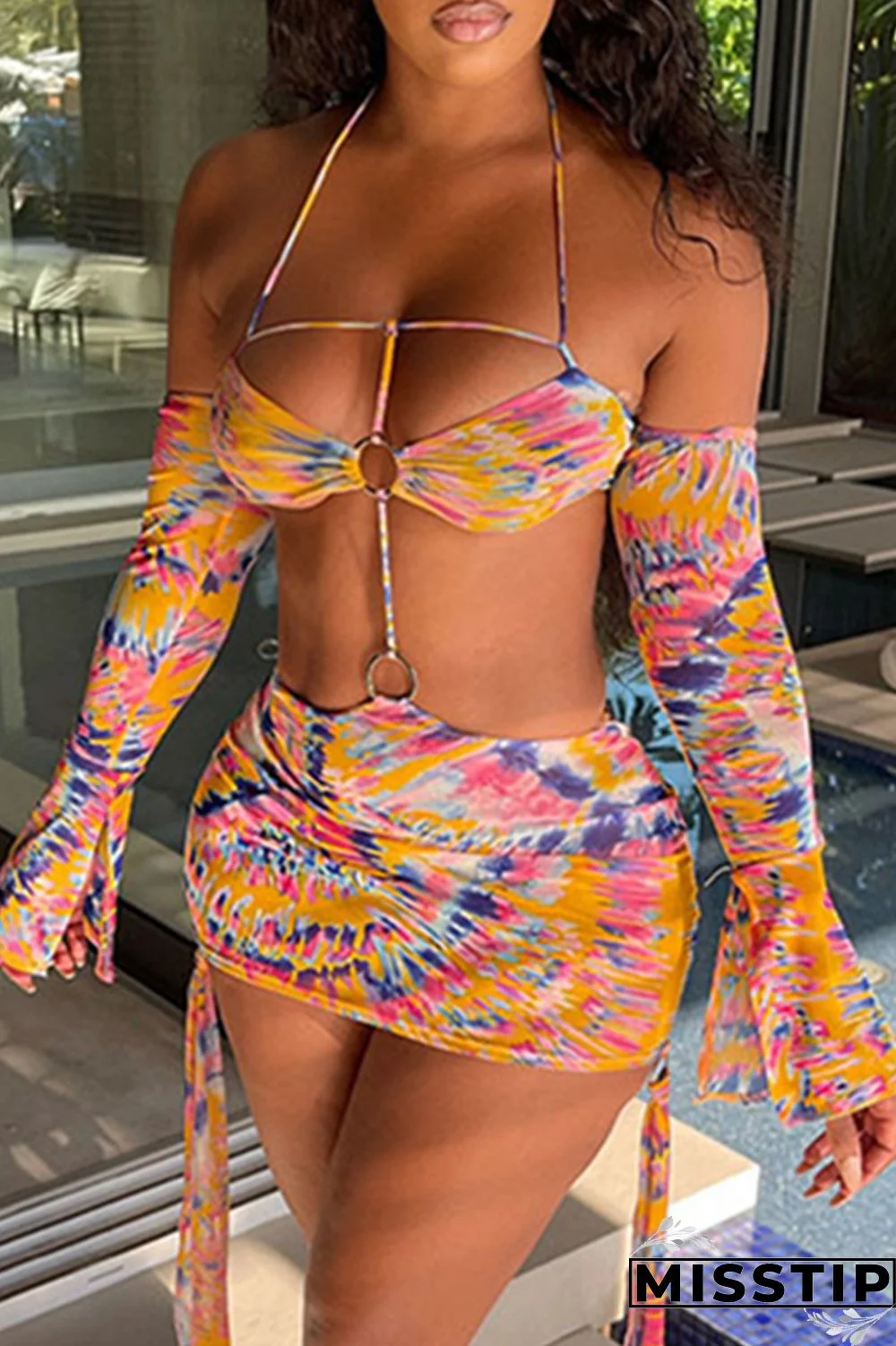 Orange Sexy Fashion Hollow Open Backless Long Sleeve Dress