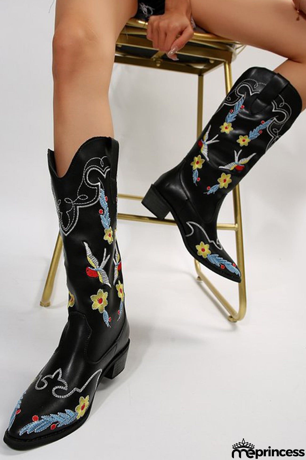Floral Embroidery Square Toe Knee High Boots