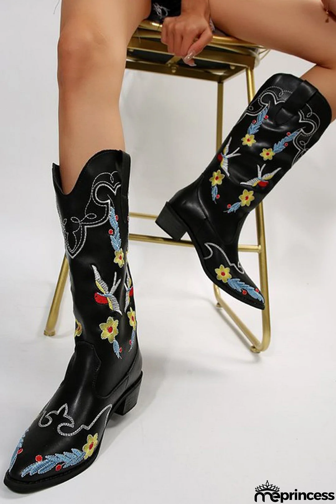 Floral Embroidery Square Toe Knee High Boots