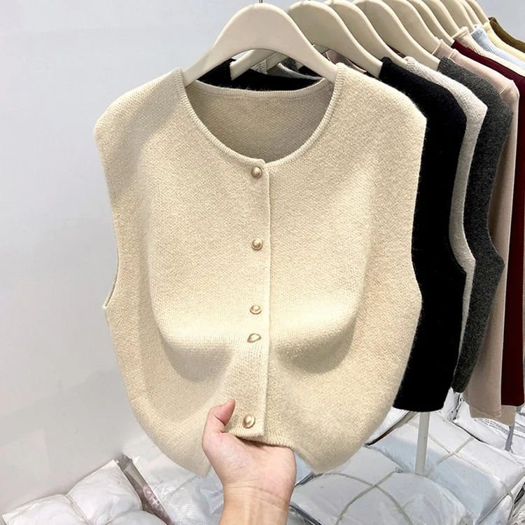 Athvotar Athvotar Old Money Style Casual Folded Round-Necked Vest Vest Women's Winter Sweater Coat Knitted Shoulder Coat