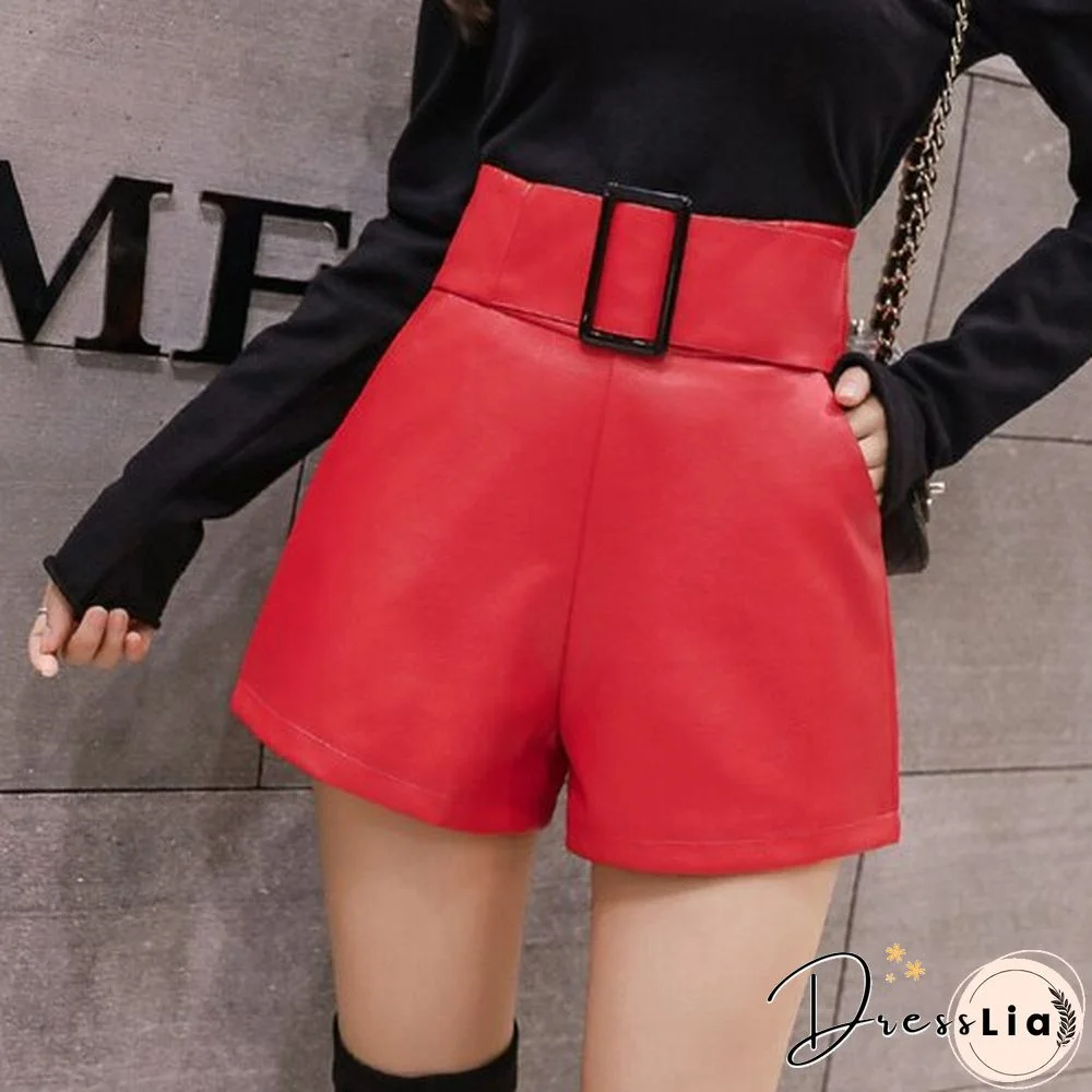 Korean PU Faux Leather Shorts Women Spring Autumn High Waist Wide Leg Short Ladies Plus Size Sexy Black Belted Short Femme 7774
