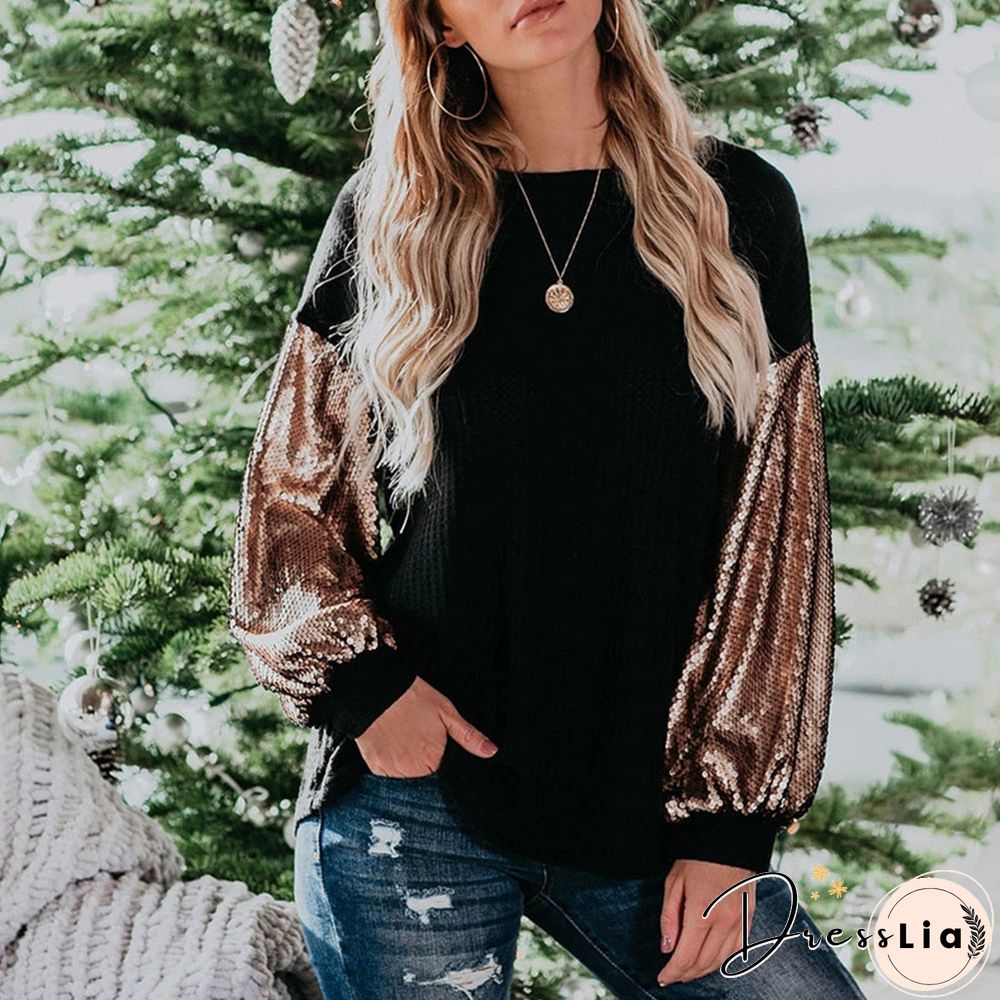Sale Long Sleeve Ladies Top And Shirt Sequins Knitted Female Blouses Fashion Patchwork Women Blouses Tee Shirt Fall Spring D30