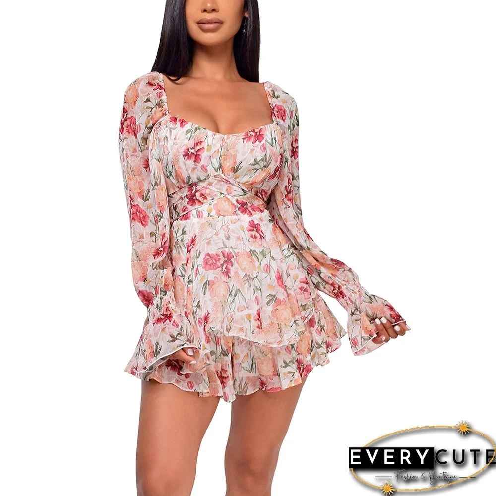 Pink Low Back Square Neck Floral Romper