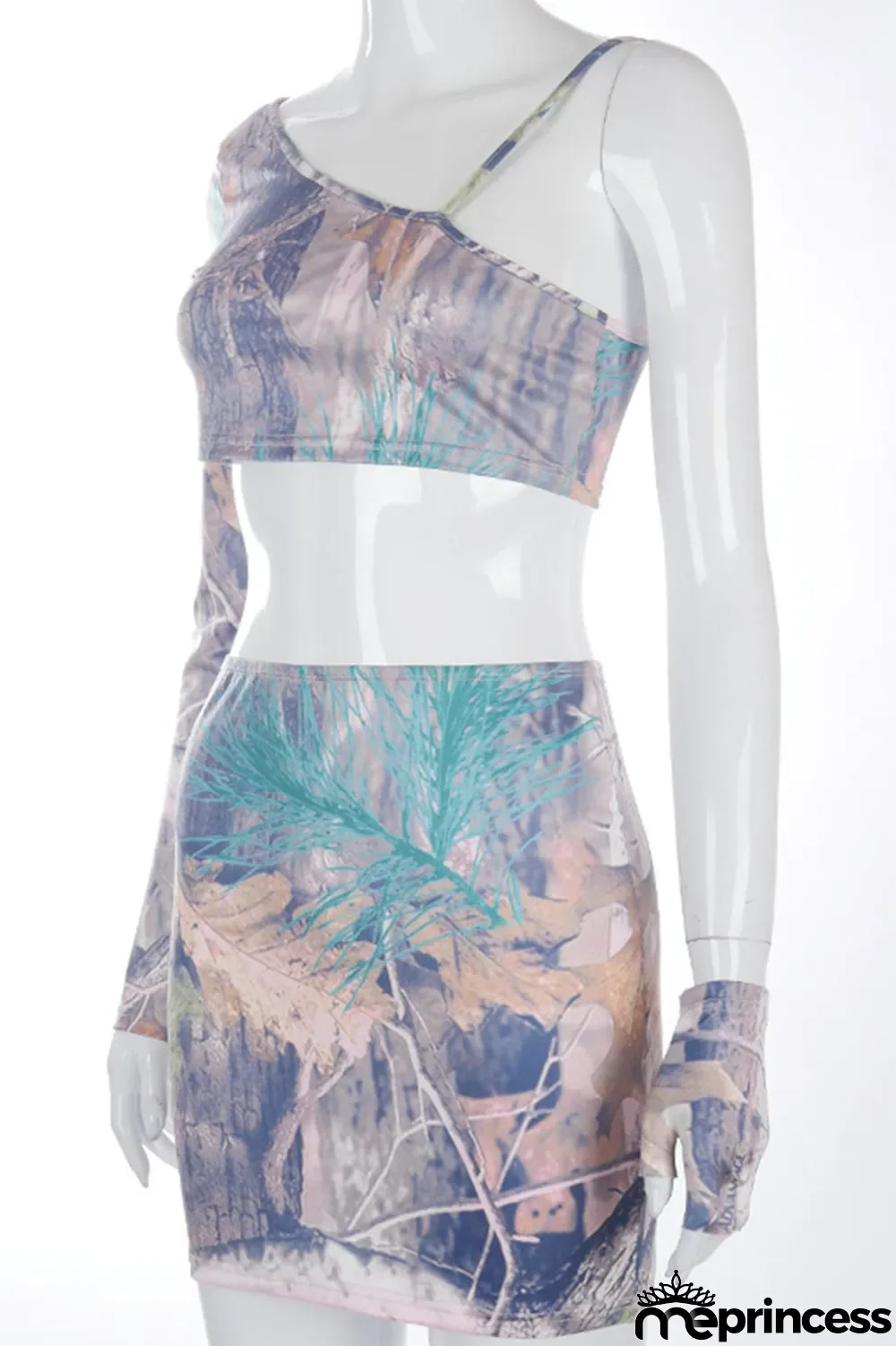 Grey Celebrities Print Floral Oblique Collar Long Sleeve Two Pieces