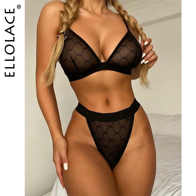 Ellolace Sexy Lingerie Set Woman 2 Pieces Mesh Bra and Thongs Black Brief Sets Women's Underwear Wireless Lingerie Sexy