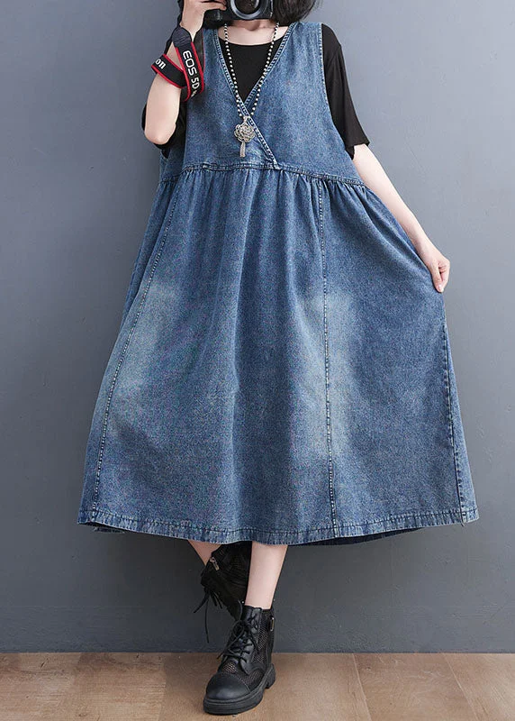 Style Blue V Neck Wrinkled Patchwork Denim Long Dress Fall