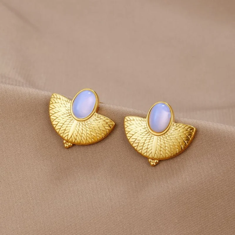 Golden Fan Shaped Opal Earrings