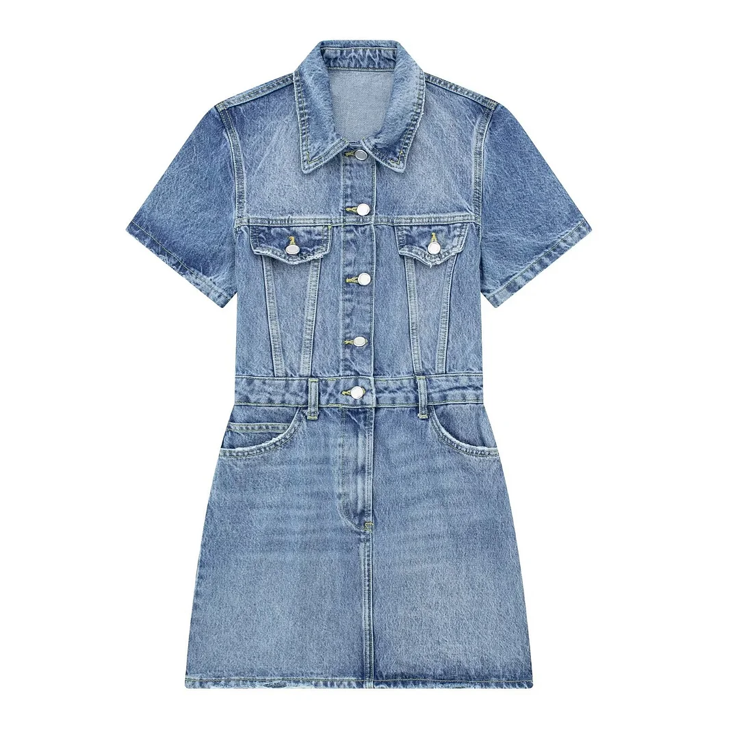 Women's Skinny Denim Dress Lapel Short Sleeve Pocket Dress