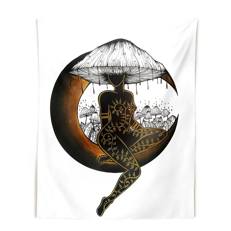 Mushroom queen Tapestry Wall Hanging crystals botanical fungi art black White witchy Living Room Psychedelic Wall Art Decor