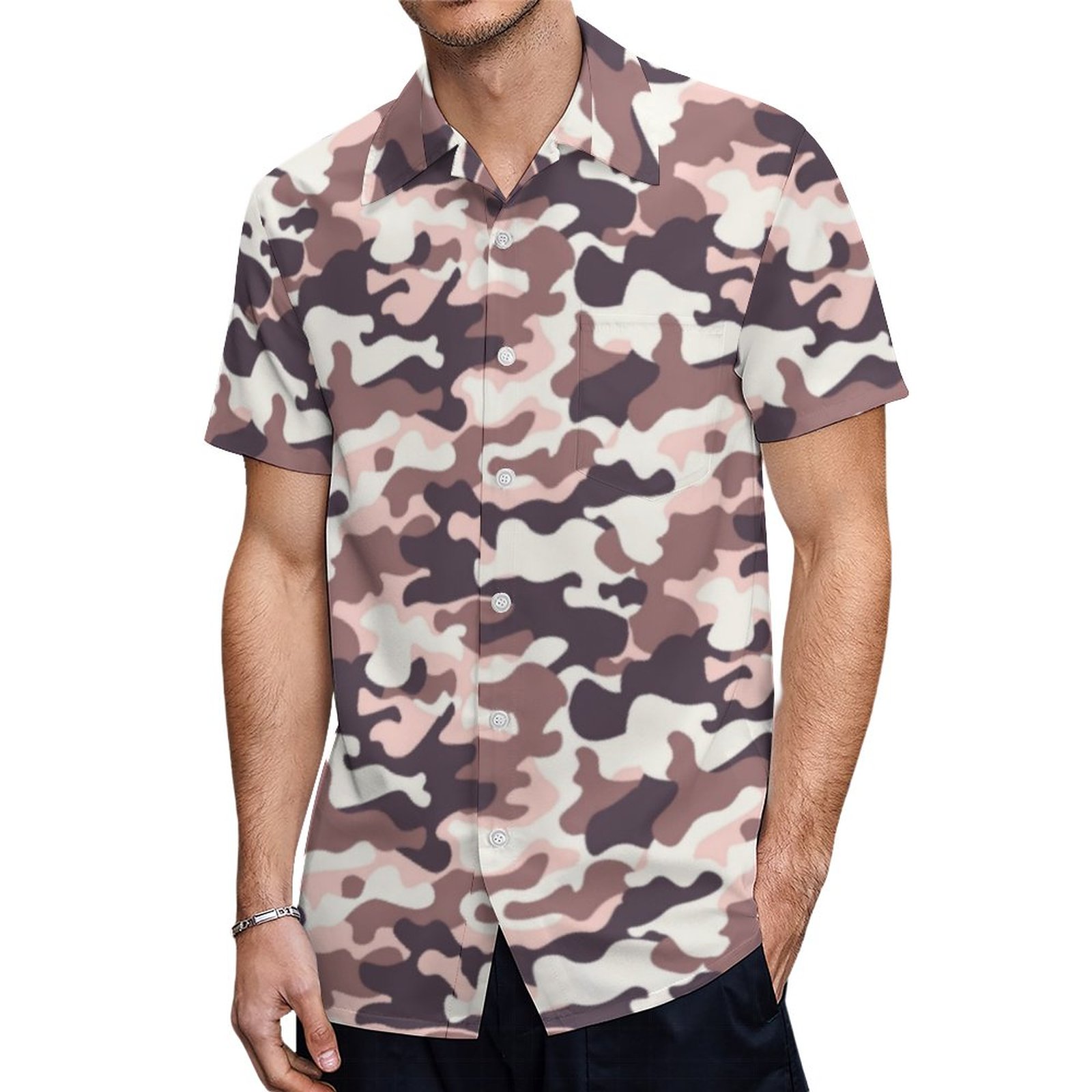 Pink Dark Brown White Camouflage Hawaiian Shirt Mens Button Down Plus Size Tropical Hawaii Beach Shirts