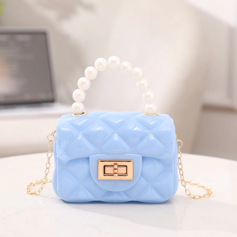 Women’s PVC Solid Color Cute Beading Pearls Square Lock Clasp Crossbody Bag