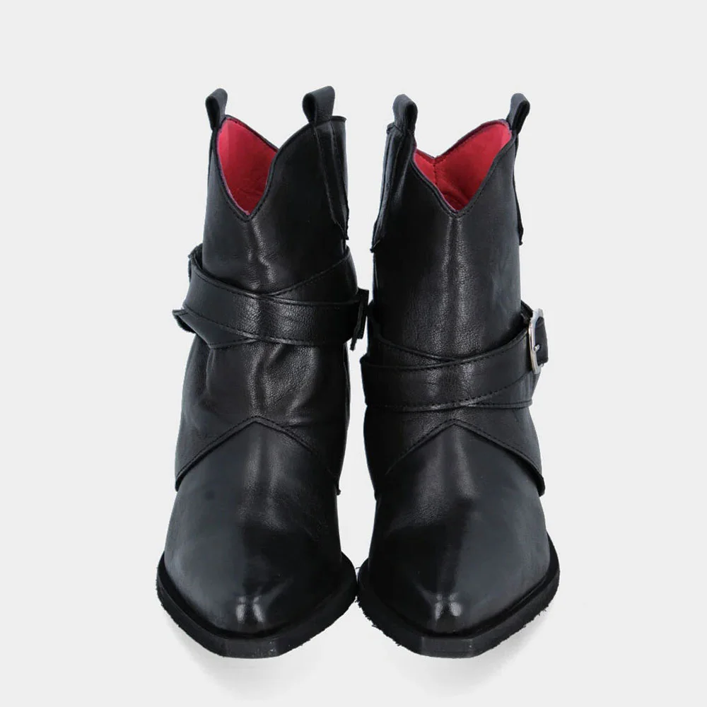 Black Snip Toe Cuffed Buckle Strap Cowgirl Boots for Women