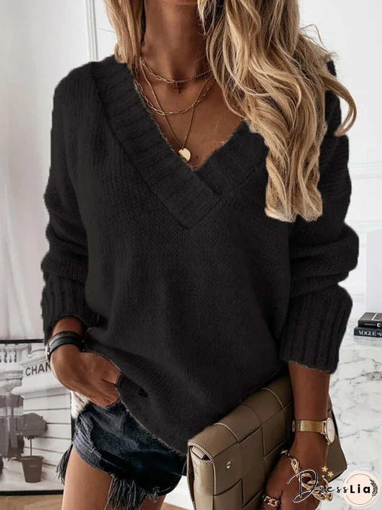 Women's Sweaters Solid V-Neck Long Sleeve Knit Sweater