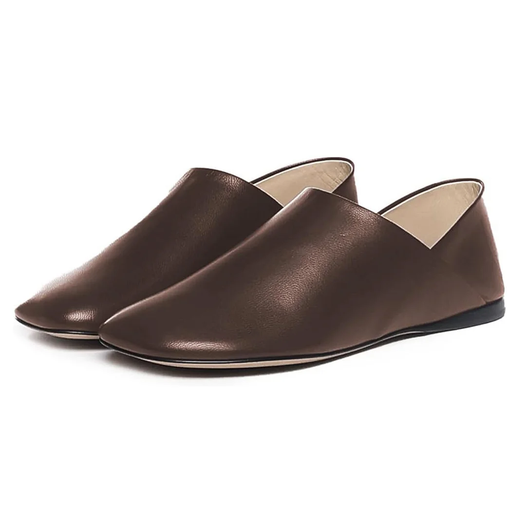 YDN Brown Vegan Leather Square Toe Casual Flat Shoes for Women