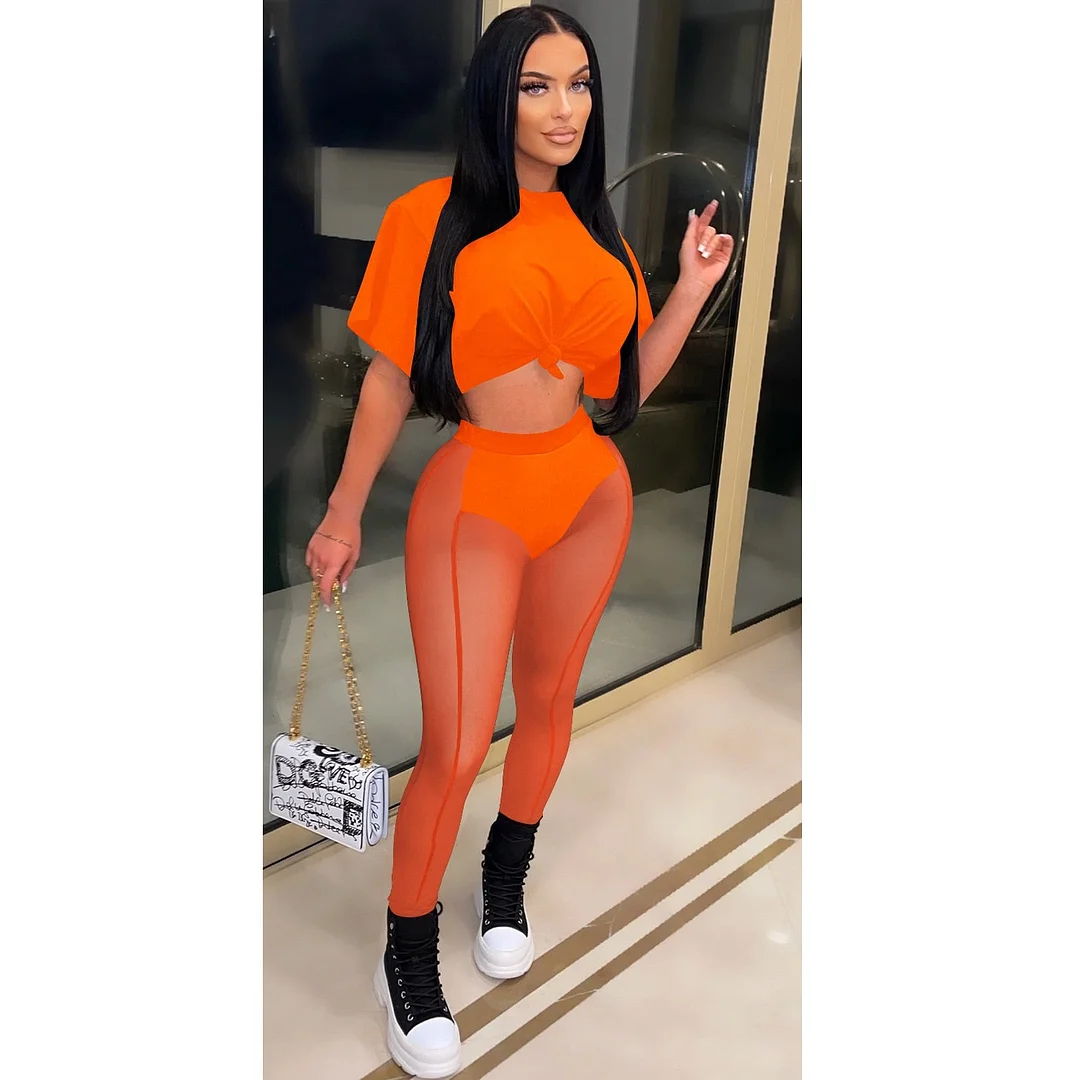 CM.YAYA Beach Sexy Women 2pcs Set Short Sleeve Tee Mesh See Though Leggings Set Sweatsuit Tracksuit Two Piece Set Outfits 2022