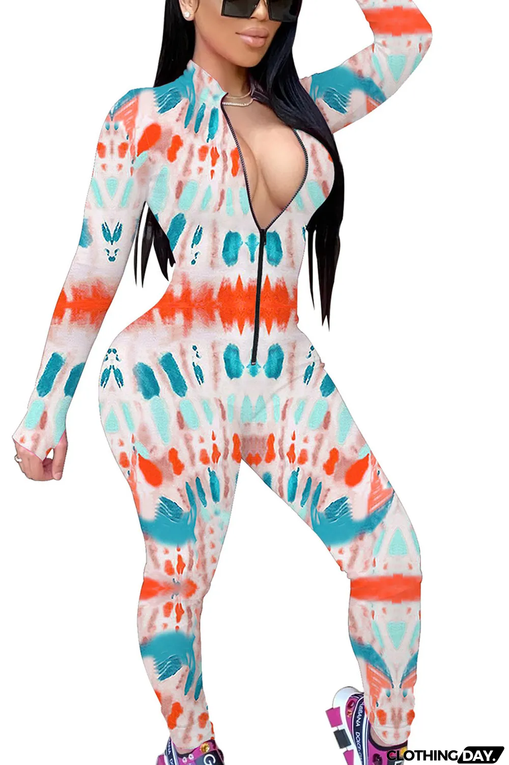 Orange Fashion Print Split Joint O Neck Regular Jumpsuits