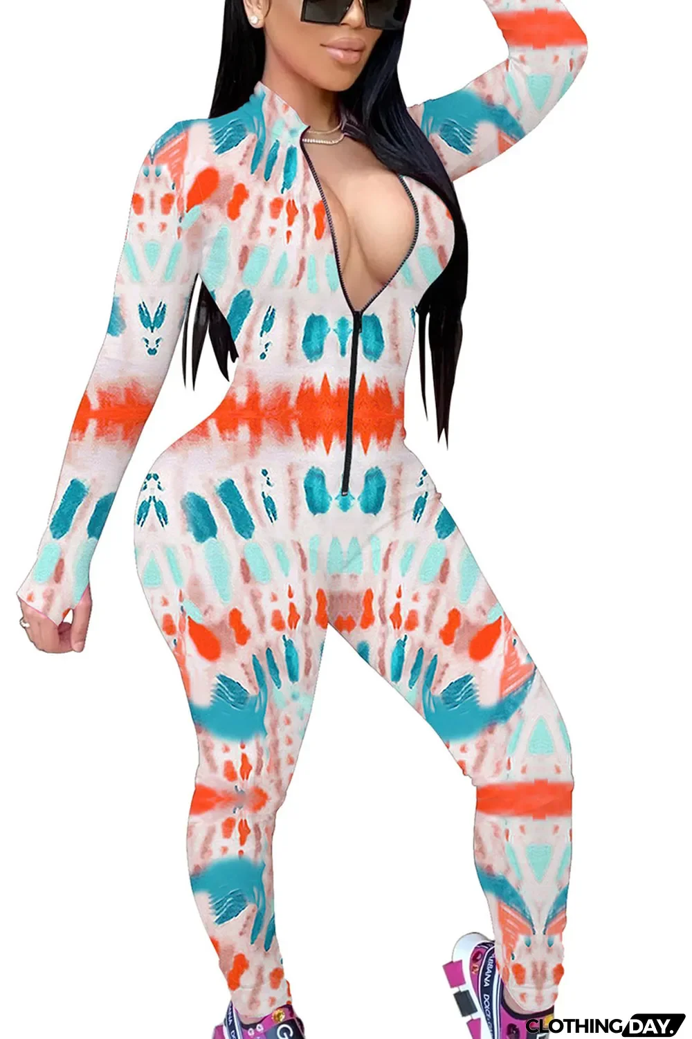 Orange Fashion Print Split Joint O Neck Regular Jumpsuits