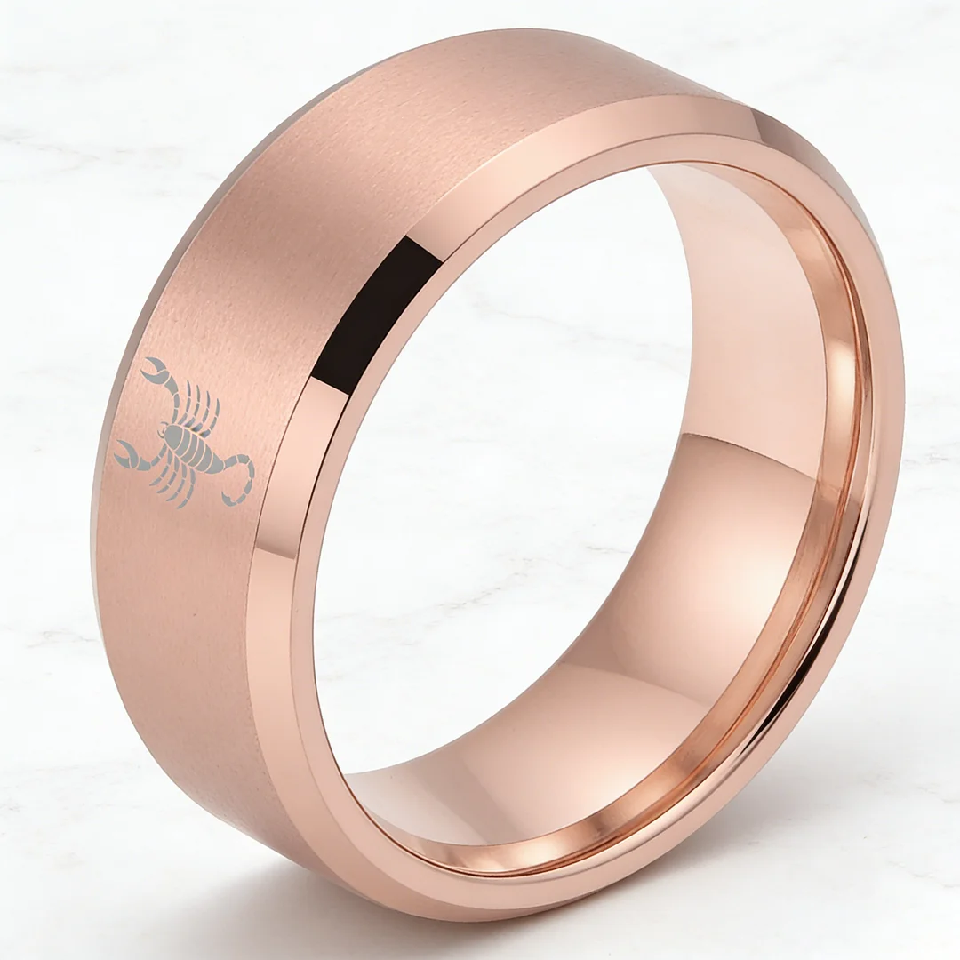 Rose Gold Scorpio Tungsten Wedding Ring Beveled Edges Rose Gold Laser Etched Couple Tungsten Carbide Rings 4MM 6MM 8MM