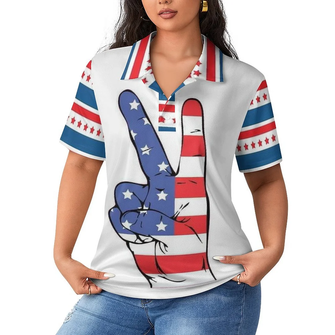 Casual Polo-Shirt Short Sleeve Tops  for Women Printed with Pattern USA, Independence Day, Star, Striped, Blue, Red
