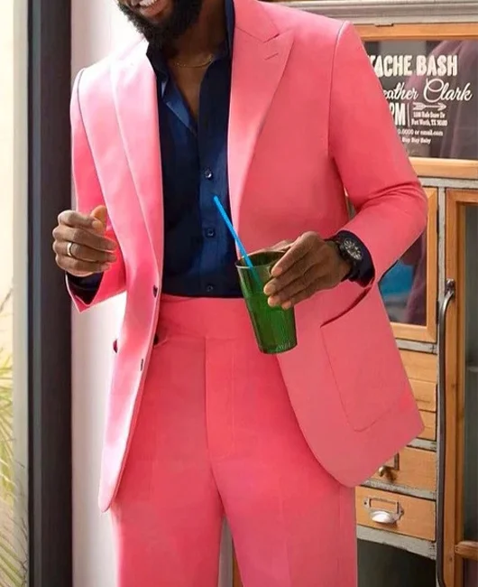 Elegant Pink Lapel Collar Two Button Blazer & Pants 2Pcs Set