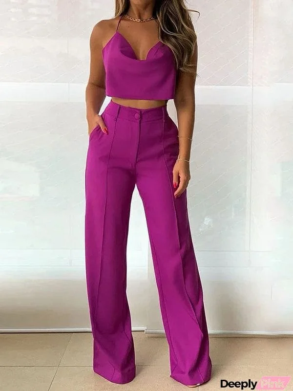 Loose Solid Color V-Neck Vest Top + High Waisted Pants Bottom Two Pieces Set