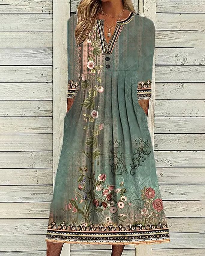 Floral V Neck Casual Jersey Dress