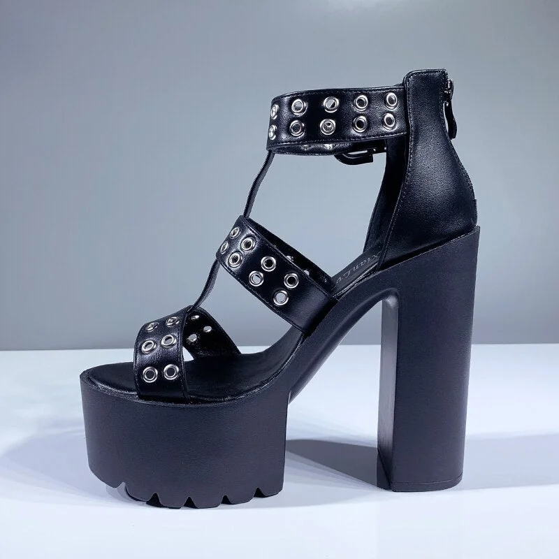 Gdgydh Sexy Rivets High Heels Platform Black Women Sandals Back Zipper Punk Gothic Summer Shoes Goth Party Catwalk Thick Heel